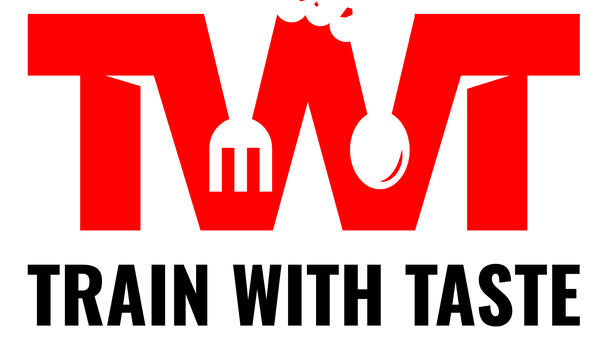 A red and black logo reading 'TWT' with food icons inside the letters and the words 'TRAIN WITH TASTE' below on a white background.